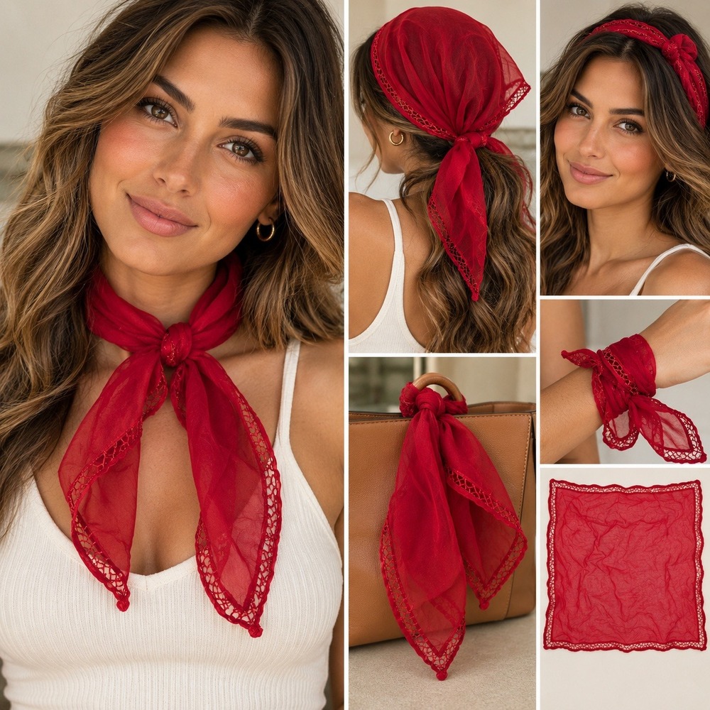 Red 100% Silk Sheer Square Scarf Crochet Lace Trim Bandana Hair Accessory